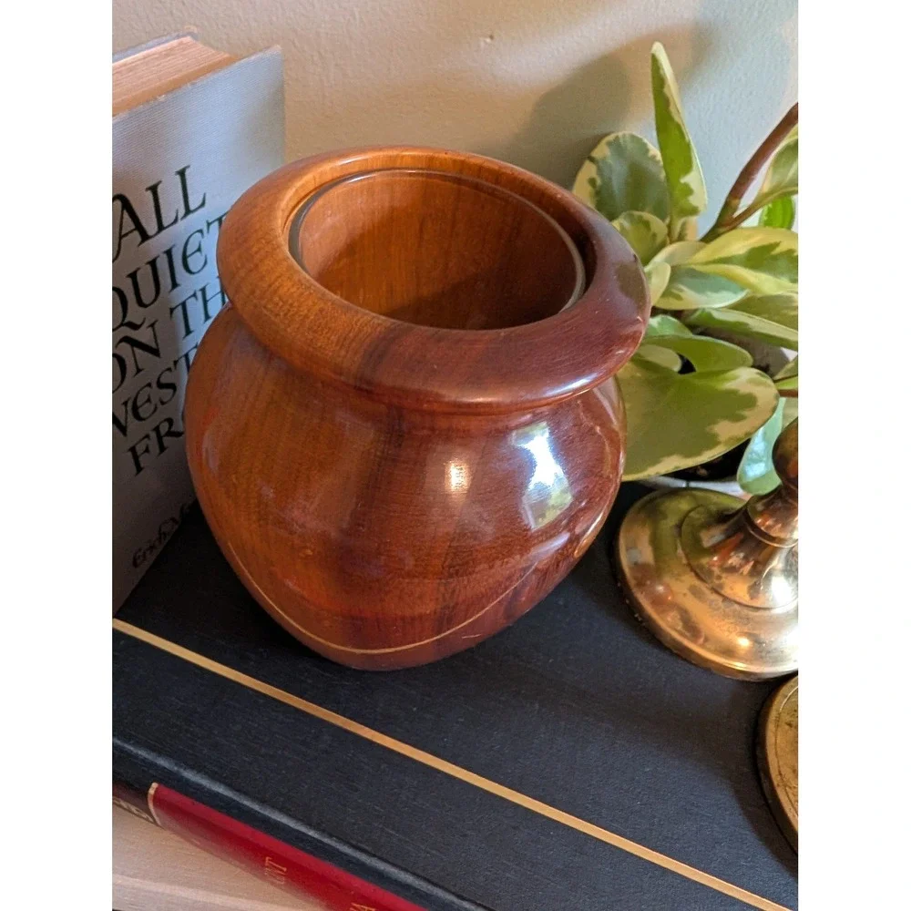 Vintage Myrtlewood Vase Mid Century Modern Wood Urn Glass Insert Ralph A Bailey